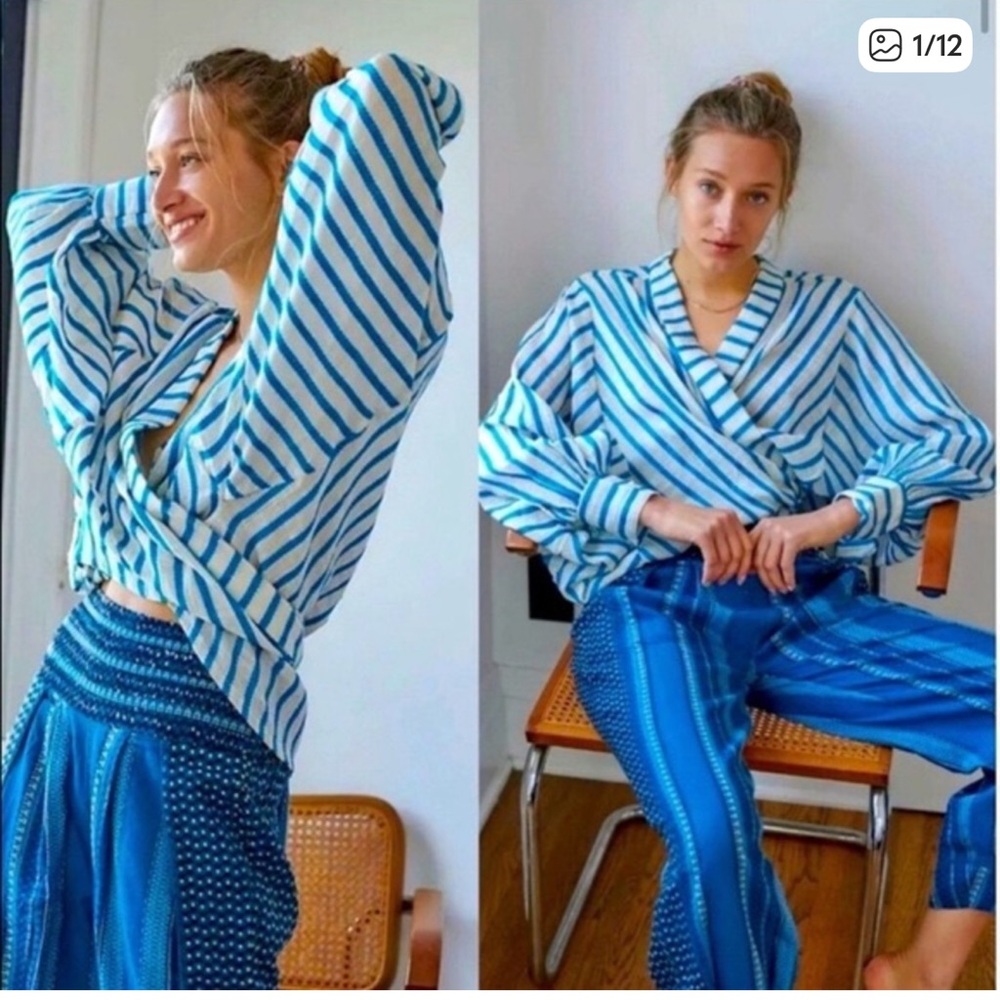 Free People Blue & White Striped Wrap Top